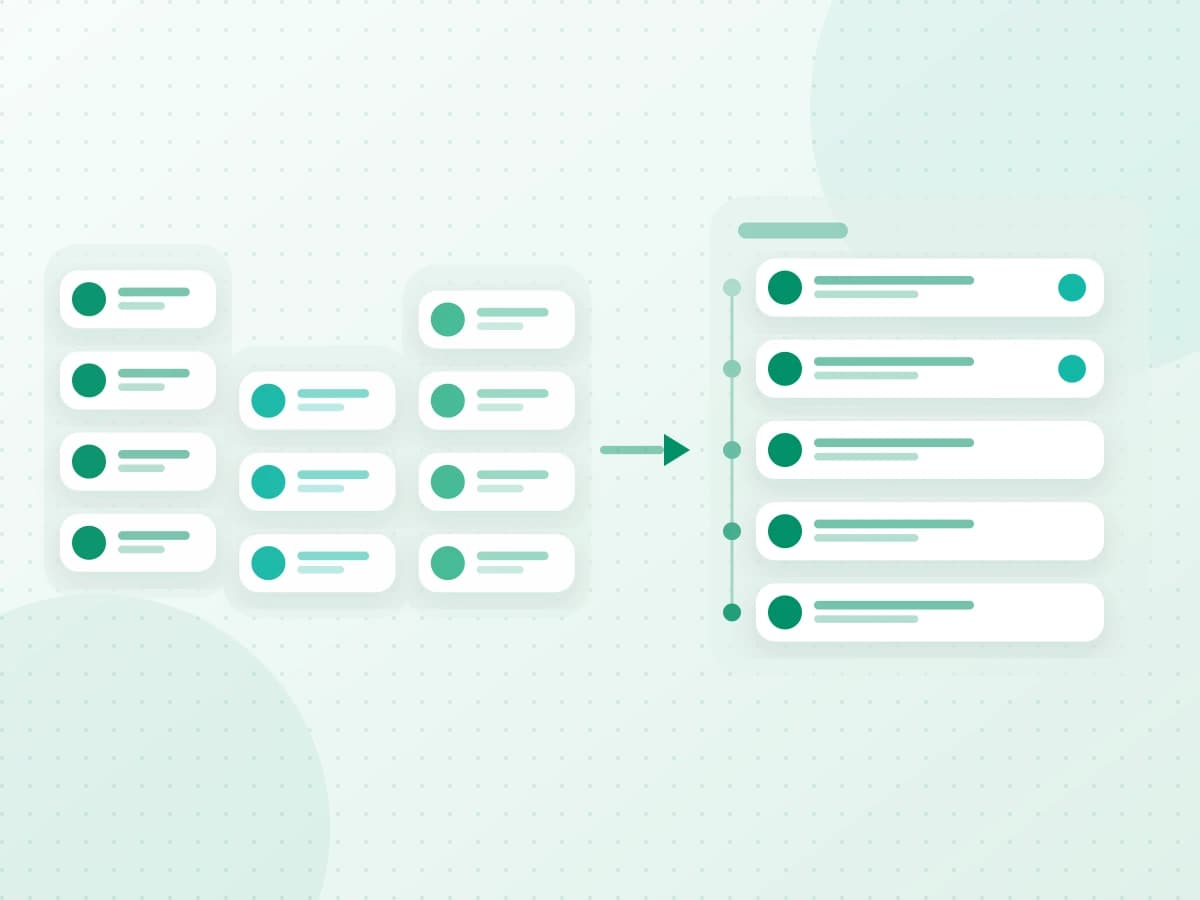 Scattered per-app message stacks converging into one ordered, numbered list of conversations