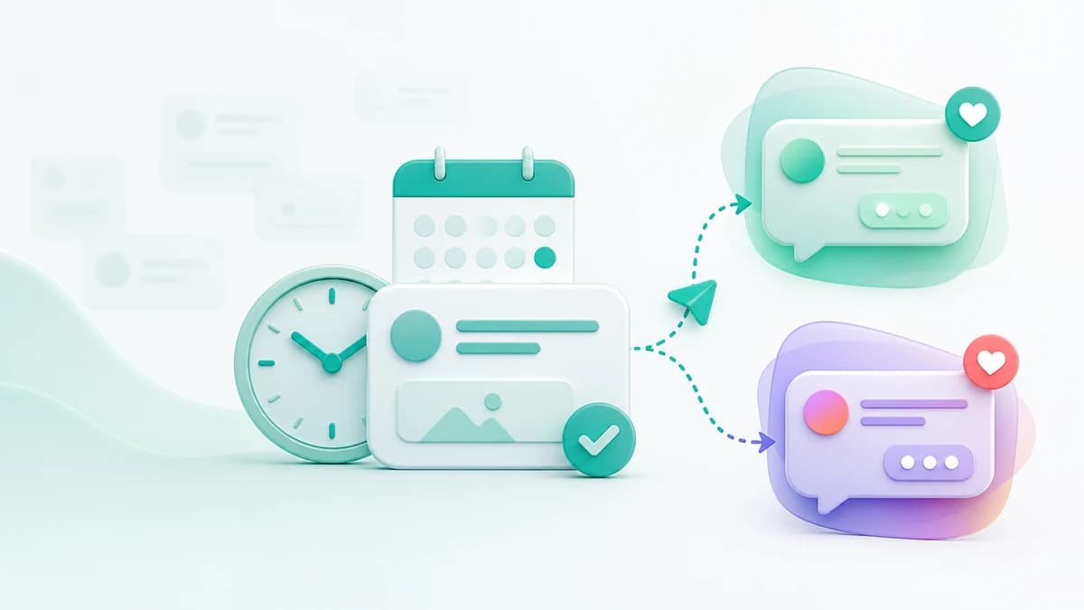 A message card beside a clock and calendar branching toward two colorful conversation bubbles