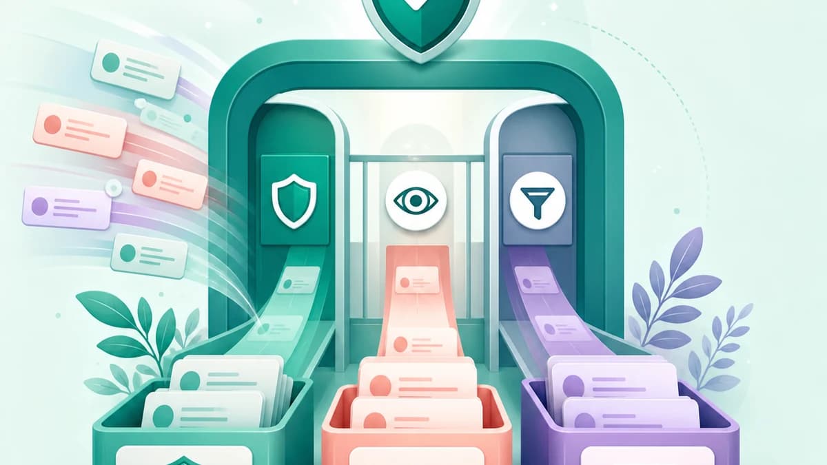 Abstract Instagram inbox gate sorting incoming messages into accepted, review, and hidden request areas