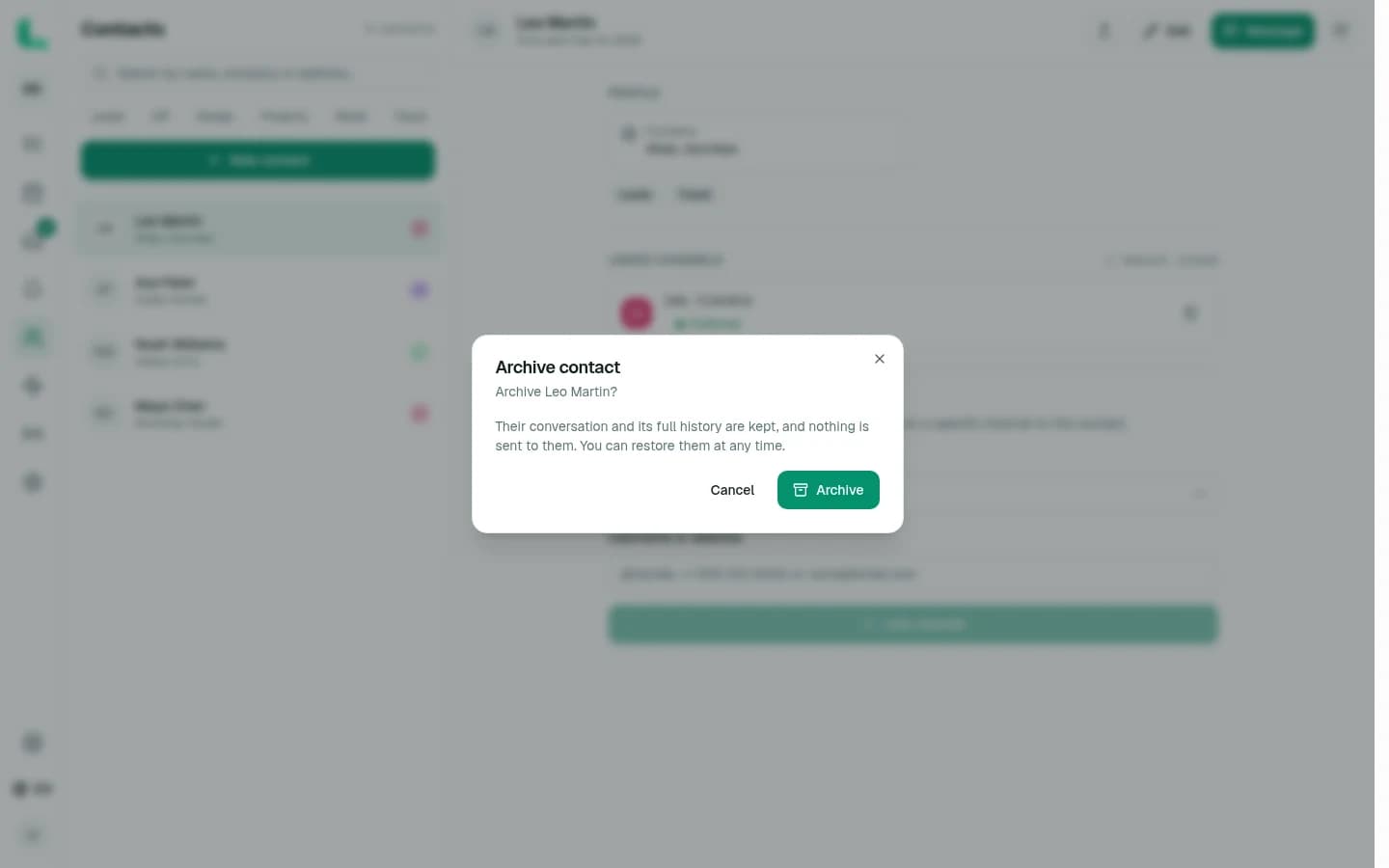 Linkrium Archive contact dialog stating that the conversation and full history are kept
