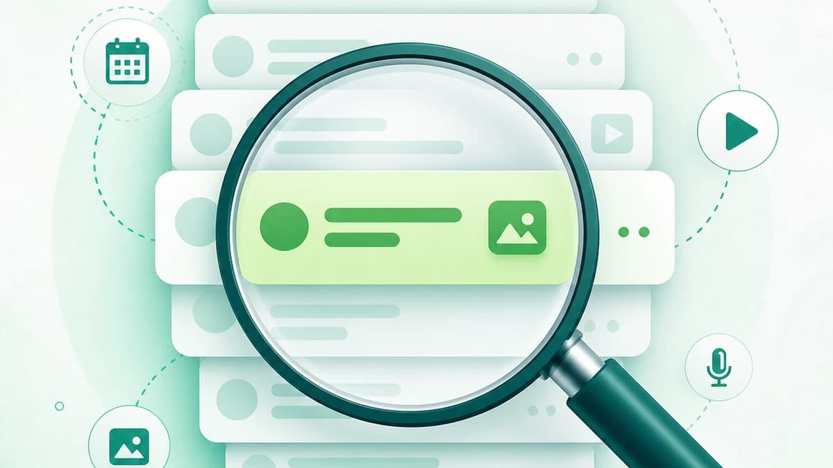 Abstract message history with a magnifying glass highlighting one WhatsApp conversation