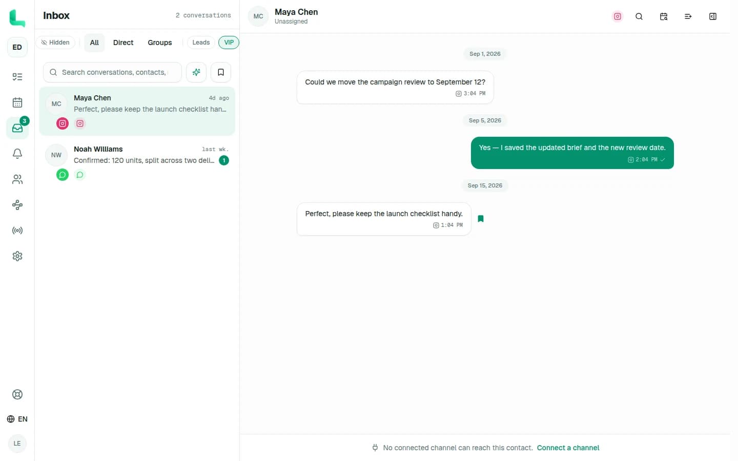 Linkrium unified inbox filtered to synthetic contacts carrying the VIP contact tag