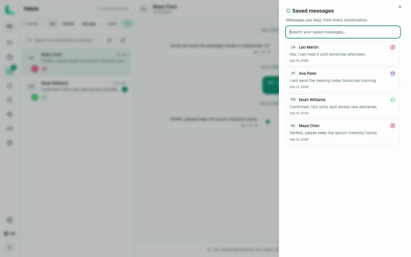 Linkrium Saved messages panel containing synthetic Instagram, email, and WhatsApp bookmarks