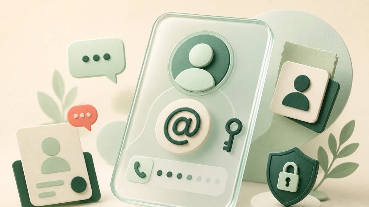 Editorial illustration of a private username card replacing a visible phone number with an at sign, key, and shield